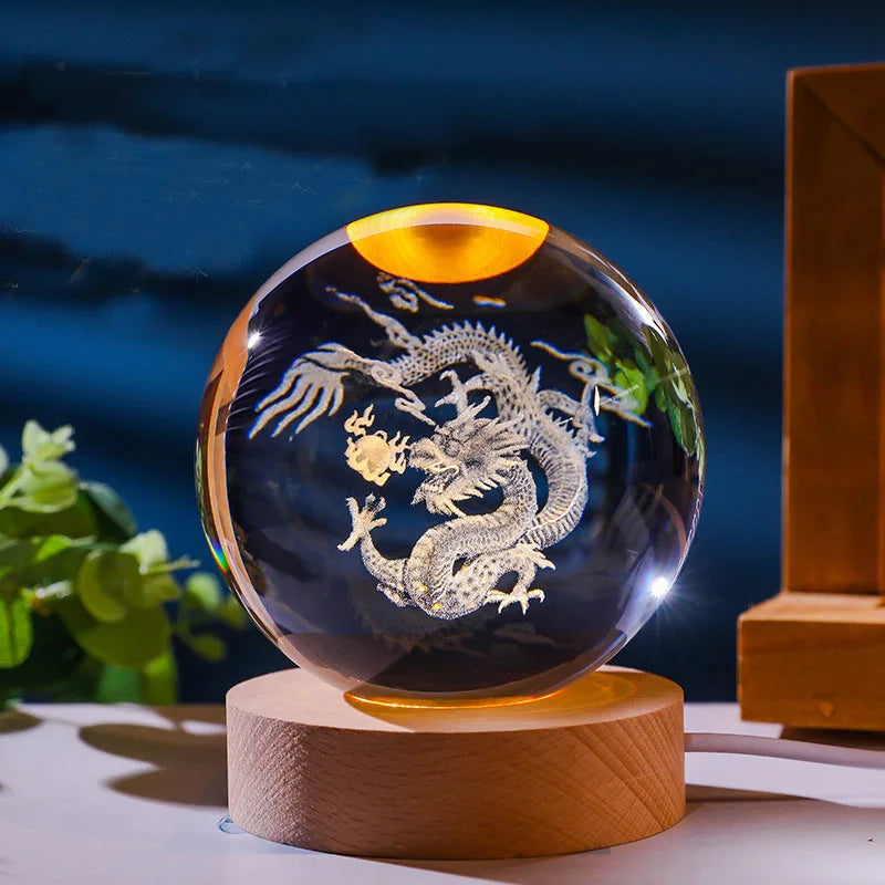 12 Animals Chinese Zodiac Crystal Ball with LED Lighting Sphere Stand Holder Laser Engraving Glass Ball Decoration Photo Props