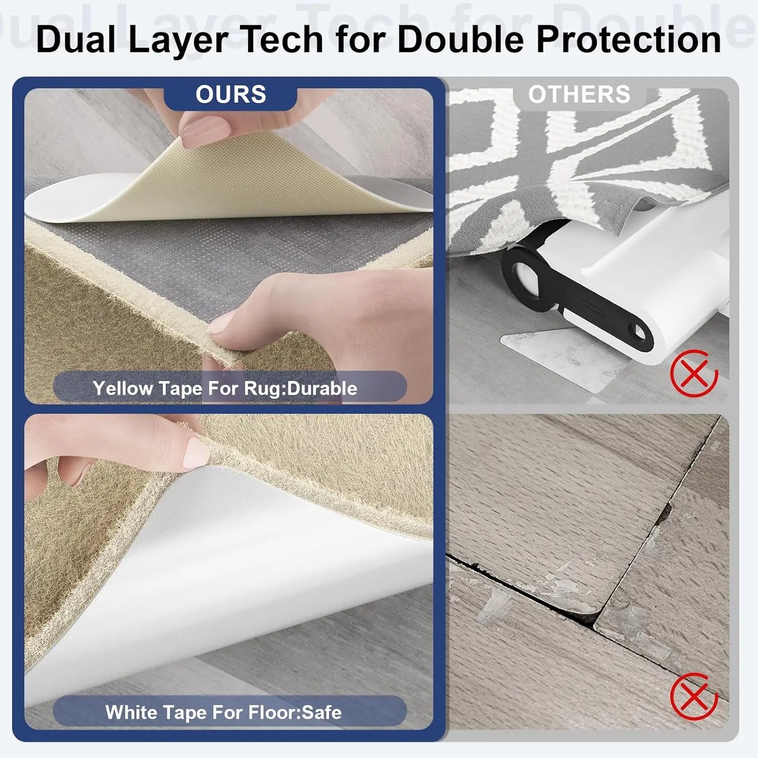 12pcs Home Techpro Double Sided Rug Pad Gripper for Hardwood Floors No Damage,Non Slip Rug Pads, Under Rug Carpet Tape