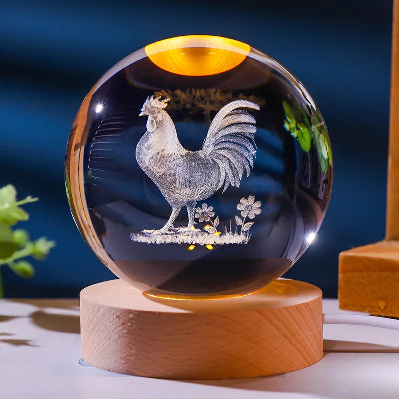 12 Animals Chinese Zodiac Crystal Ball with LED Lighting Sphere Stand Holder Laser Engraving Glass Ball Decoration Photo Props