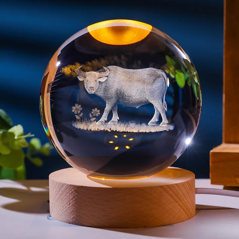 12 Animals Chinese Zodiac Crystal Ball with LED Lighting Sphere Stand Holder Laser Engraving Glass Ball Decoration Photo Props