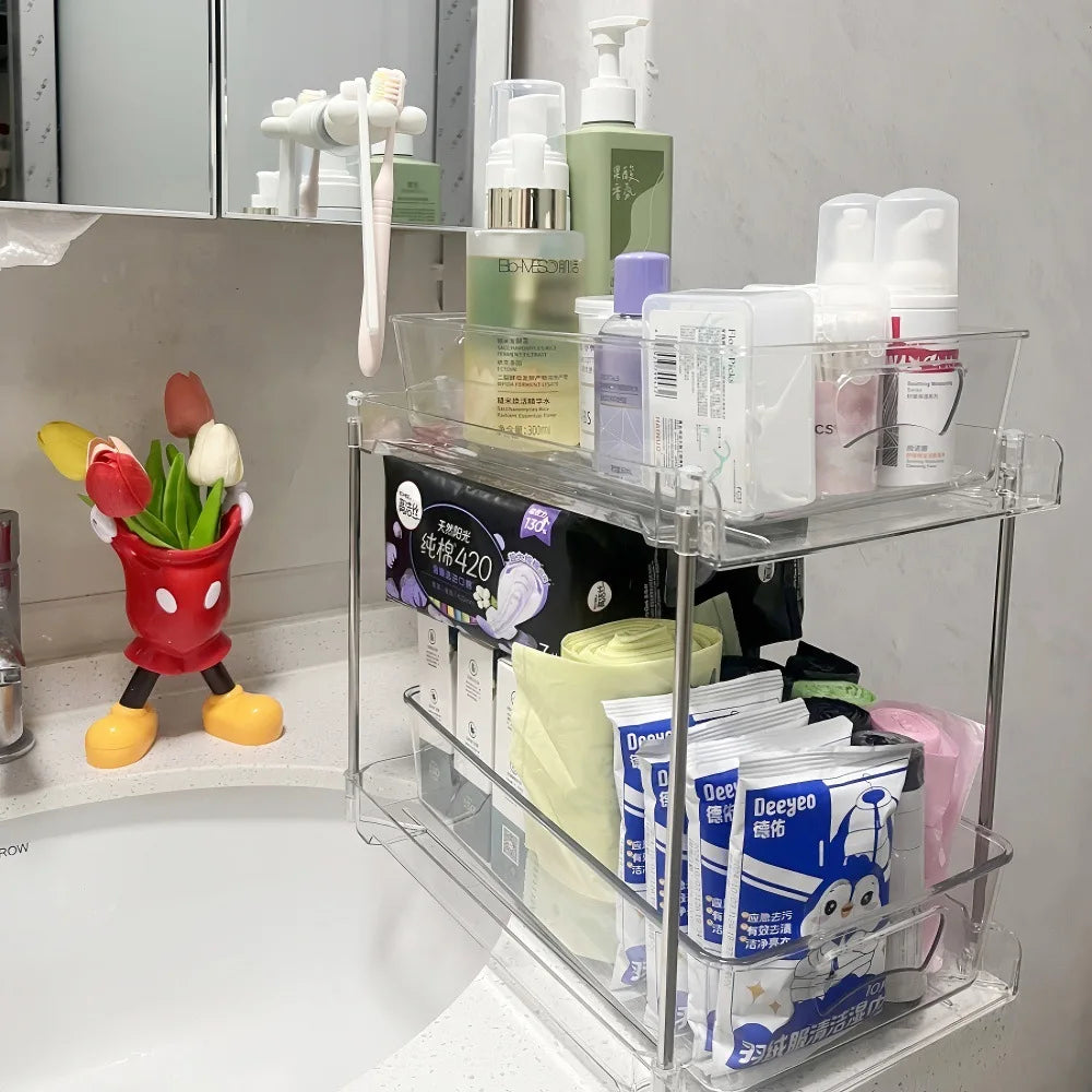 1Pack 2-Tier Bathroom Storage Organizer, Clear Under Sink Organizers Kitchen Vanity Counter Storage Container, Medicine Cabinet
