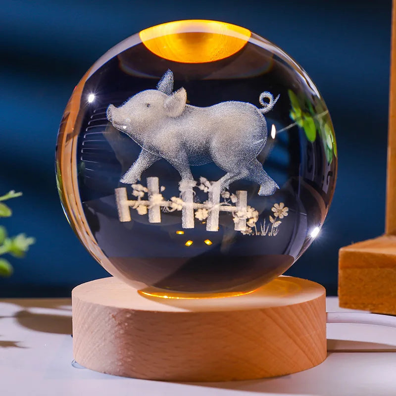 12 Animals Chinese Zodiac Crystal Ball with LED Lighting Sphere Stand Holder Laser Engraving Glass Ball Decoration Photo Props